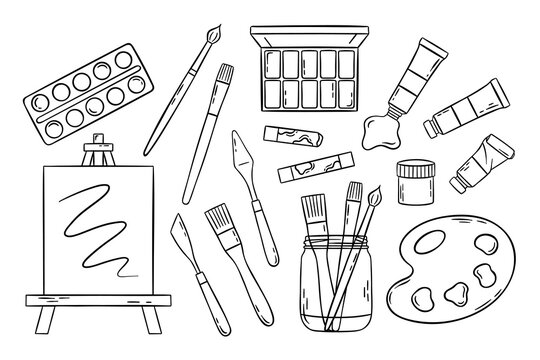 Big vector set of painting and drawing tools, brushes and paints. Simple black and white icons in doodle and sketch style for art supplies branding or creative projects
