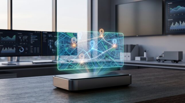 Futuristic technology interface with 3d map and location pins displayed