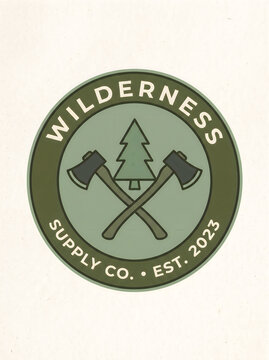 Wilderness supply company adventure emblem with crossed axes and evergreen tree logo design pine tree outdoor gear
