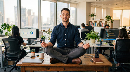 Fototapeta na wymiar Man meditating in yoga lotus position on office desk. Male employee practicing mindfulness and stress relief at workplace. Corporate wellness and business concept