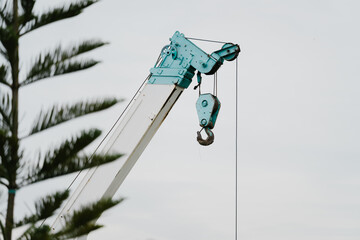 Heavy lifting crane boom hook industrial construction machine machinery blue equipment outdoors engineering site against pine tree foliage © JK_kyoto