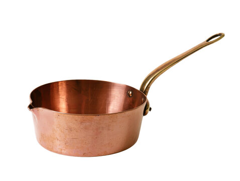 A classic kitchen cookware piece featuring a polished metallic finish and a sturdy riveted handle for professional culinary preparation tasks