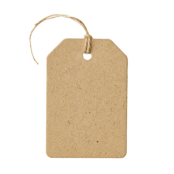 A rectangular recycled paper label featuring a natural texture and a simple loop of rough cord for attaching to retail merchandise or gift items