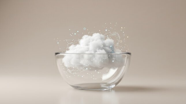 Generative AI image of a small fluffy cloud resting inside a transparent glass bowl, surrounded by glowing abstract data particles against a soft neutral beige background.
