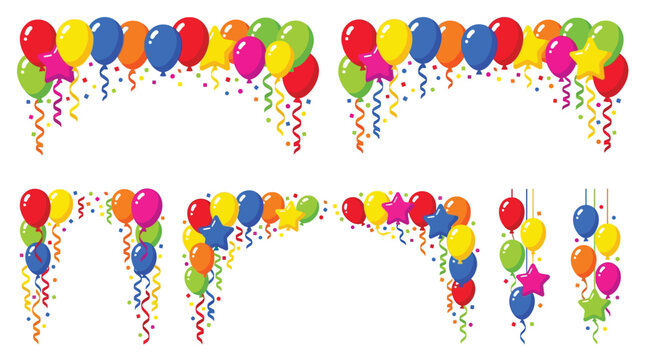 Vector illustration set of colorful party balloon arches garlands and decorative corner borders with confetti for birthday celebration holiday graphic design