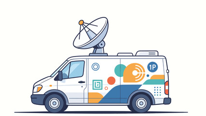 Fototapeta premium Modern White Mobile Satellite Communication Van with Geometric Abstract Branding Design and Roof-Mounted Dish