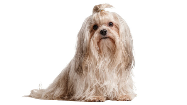 Fluffy long-haired Shih Tzu dog with topknot, sitting elegantly isolated on transparent background