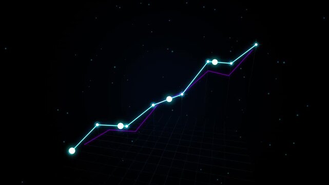 Digital data visualization motion of a rising stock market trend with glowing line graph
