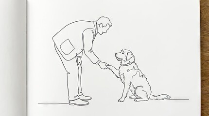 Fototapeta premium Line drawing of man shaking hands with his dog.