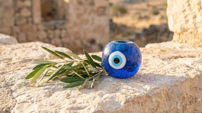 A vibrant blue evil eye charm rests beside fresh olive branches. This traditional amulet symbolizes protection from negative energy.