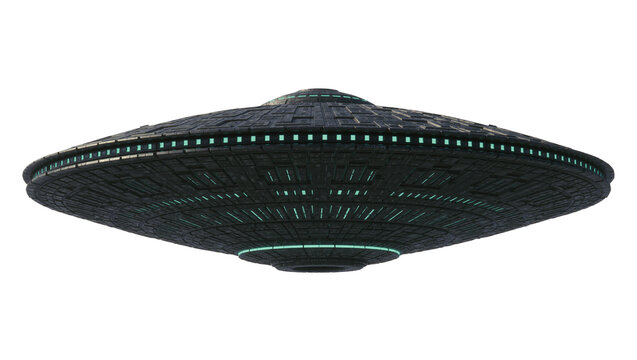 Dark metallic flying saucer with glowing green lights, isolated on transparent background
