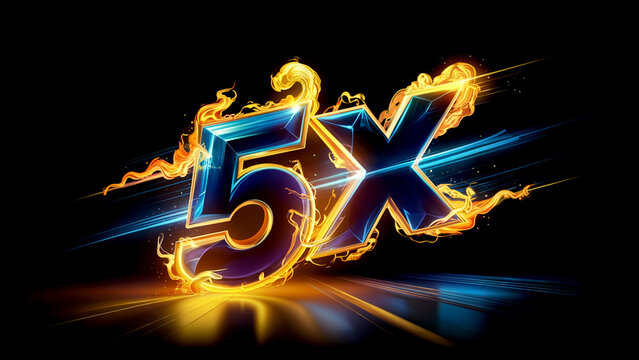 Glowing 5x multiplier icon with fire flames and motion light trails for bonus growth and speed performance on dark background