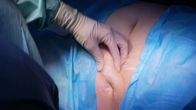 Closeup of a professional plastic surgeon using a cannula to perform an abdominal liposuction procedure on a patient in a sterile operating room, targeting and removing stubborn fat deposits