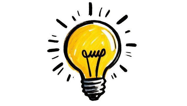 Drawn yellow light bulb with radiating lines, isolated on transparent background