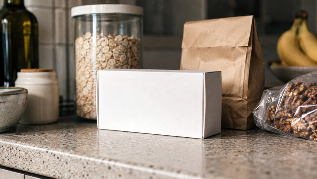 Blank food packaging boxes and bags displayed with pantry ingredients on a kitchen counter, showing grocery products, branding, packaging, and household shopping