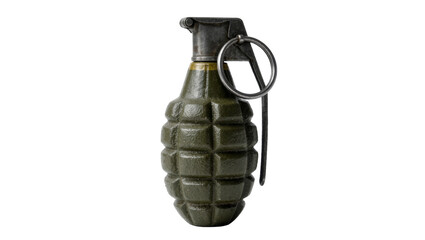 Fototapeta premium Olive green fragmentation hand grenade with metal lever and ring, isolated on transparent background