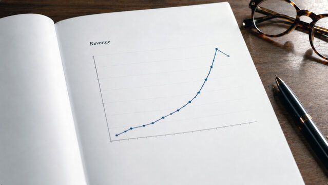 Revenue growth chart in an open report on a desk, showing rising business performance, financial growth, sales trends, profit, and economic analysis