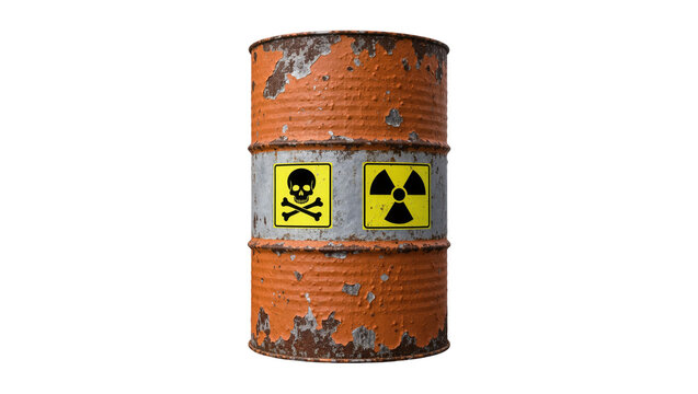 Rusty orange metal barrel with skull and crossbones and radiation symbols, isolated on transparent background