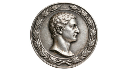 Antique silver medal with profile portrait of a man, isolated on transparent background © Sean