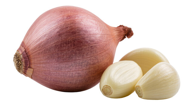 Red onion and peeled garlic cloves, isolated on transparent background
