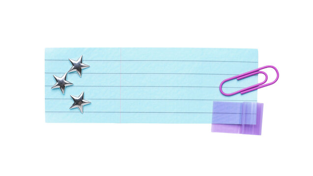 Three metallic star shapes attached to a blue lined notepad, isolated on transparent background