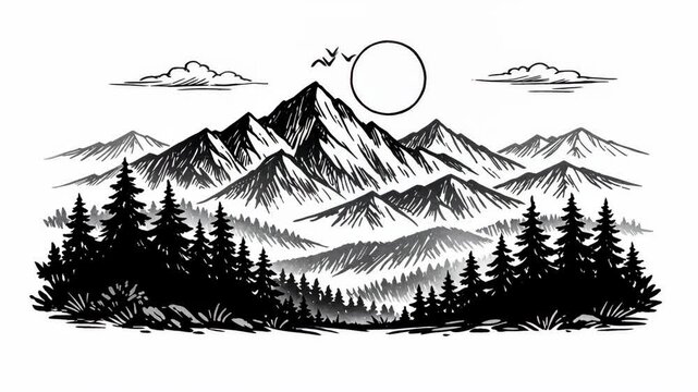 Minimalist Line Art Mountain Landscape with Pine Trees and Sun