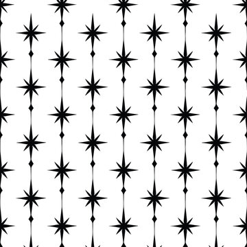 Seamless pattern with black star shapes and vertical lines on a white background for modern design
