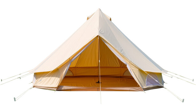 Large beige canvas bell tent with open entrance, isolated on transparent background