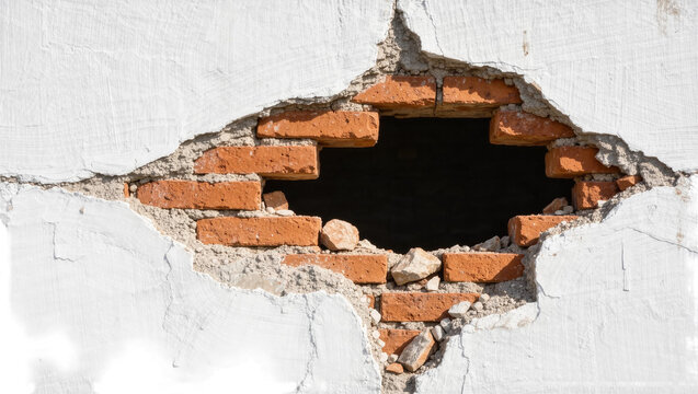 Cracked white plaster wall revealing damaged red brick structure, isolated on transparent background