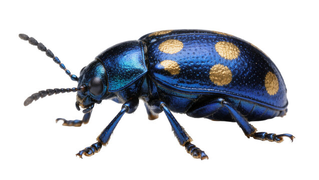 Metallic blue beetle with golden spots, isolated on transparent background