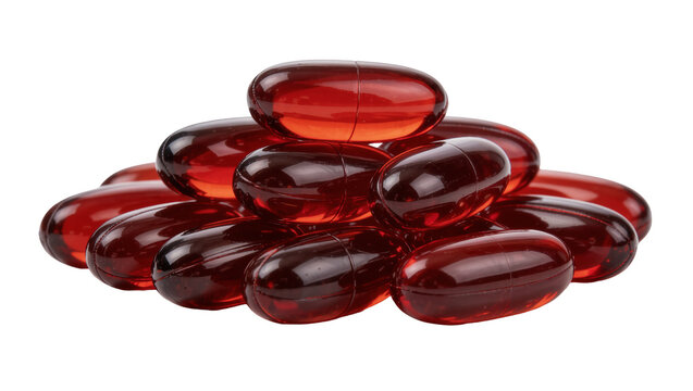 Pile of translucent red oval gel capsules, isolated on transparent background