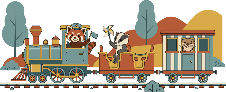 Cute Woodland Animals Riding Vintage Steam Train Vector Illustration for Nursery Decor and Kids