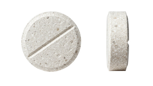 Round speckled white pill with dividing line, isolated on transparent background