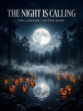 Spooky carved pumpkin swamp misty night scene.
