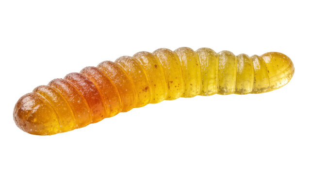 Translucent amber segmented grub bait, isolated on transparent background