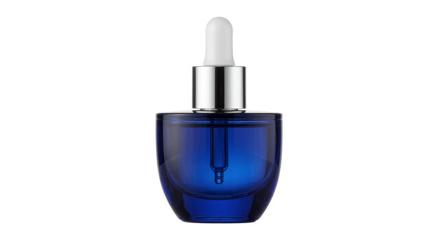 Blue glass serum bottle with silver dropper, isolated on transparent background