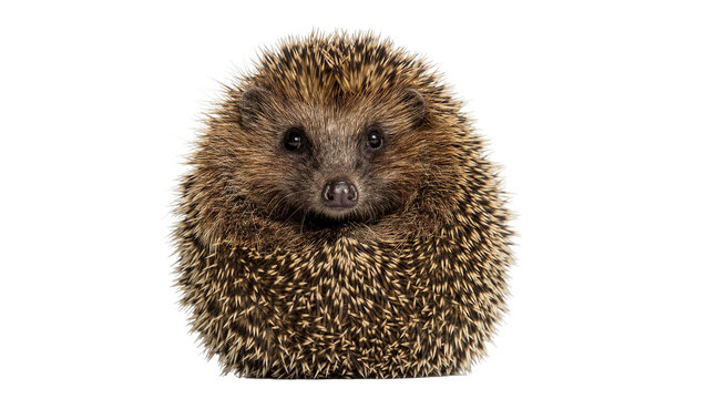 Small brown hedgehog curled up, isolated on transparent background