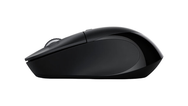 Ergonomic black computer mouse with scroll wheel, isolated on transparent background