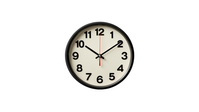 Round black framed analog clock with white face and black numbers, isolated on transparent background
