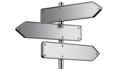 Three blank metallic arrow signposts on pole, isolated on transparent background © Petra