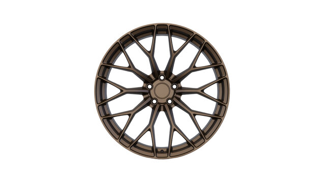 Bronze multi-spoke alloy wheel with intricate design, isolated on transparent background