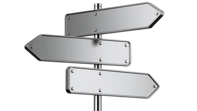 Three blank metallic arrow signposts on pole, isolated on transparent background