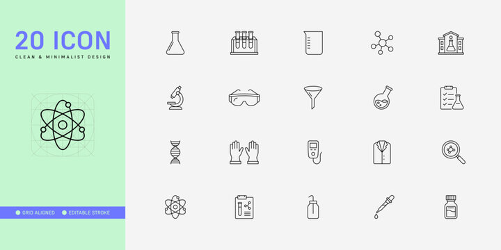Chemistry Lab and Science Research Line Icon Set - Editable Stroke Vector Design