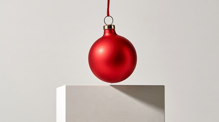 Fototapeta premium Funny Christmas minimalism photo of a single red bauble balancing on a white cube, white wall.