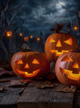 Glowing Halloween pumpkins in dark forest at night