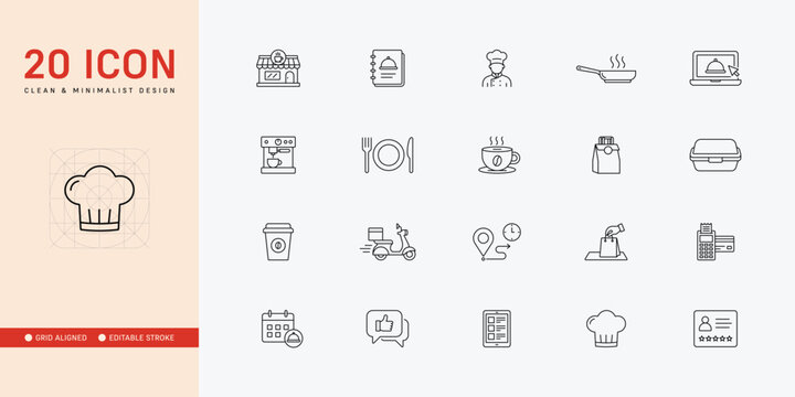Restaurant, Cafe and Food Delivery Line Icon Set - Editable Stroke Vector Design