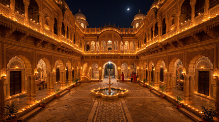 Obraz premium Courtyard of a historic palace illuminated with glowing string lights and oil lamps during a grand celebration.
