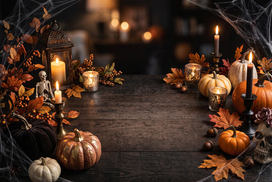 Moody Halloween still life with pumpkins, glowing candles, autumn leaves and rustic decorations on a dark wooden table, creating a cozy and mysterious seasonal atmosphere.
