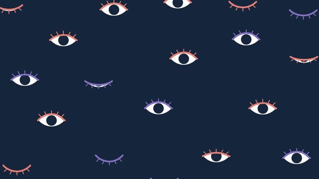 Blinking Eyes Seamless Pattern Background Animation. Colorful  Stylized Eyes Open And Closed With Moving Eyelids, Pupils, And Eyelashes Across Dark Blue Background. Observation Abstract Motion Graphic