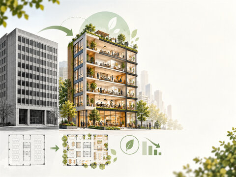 Adaptive reuse architecture concept showing an aging office building transformed into a green mixed use property with floor plan diagrams carbon savings and sustainable renovation strategy for cities